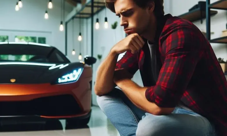 Muž sedí u sportovního auta v autosalonu.