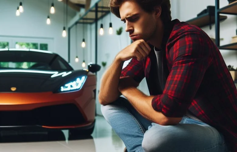 Muž sedí u sportovního auta v autosalonu.