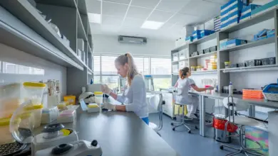 Dvě vědkyně pracují v laboratoři s mikroskopem a vybavením.